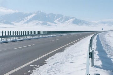 Driving on snowy highway road trip adventure with mountain view in winter season