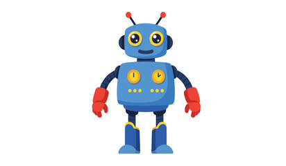 A friendly and cheerful cartoon blue robot with big expressive eyes and red gloves stands confidently on a white background ready for adventure