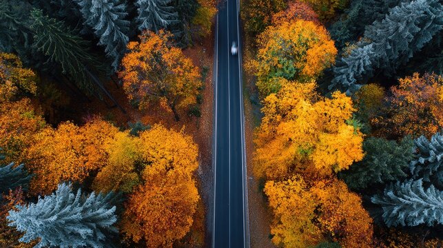 Autumnal forest road from above