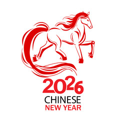 Continuous one line drawing with christmas horse. Chinese symbol Happy new year 2026. Zodiac animals