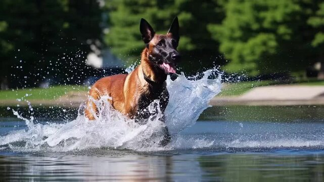 canine of the Belgian Shepherd Malinois variety sprinting through aqueous terrain with splashing liquid in its jaws