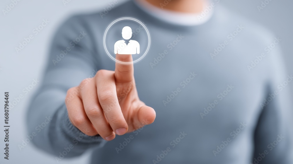 Aufkleber interactive technology, person engaging with touch screen interface and activating digital display.