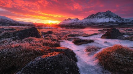 Radiant Fiery Sunset Over Mountain Landscape