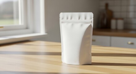 Matte white standing pouch on light oak wooden countertop, subtle texture lifestyle product mockup, packaging photography for Scandinavian-style kitchen branding and clean commercial stock
