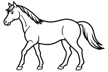 Walking Horse Outline Illustration, Black Thick Line, Detailed Mane and Tail Design