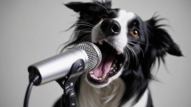 Tight shot of Border collie vocalizing into microphone, on light backdrop