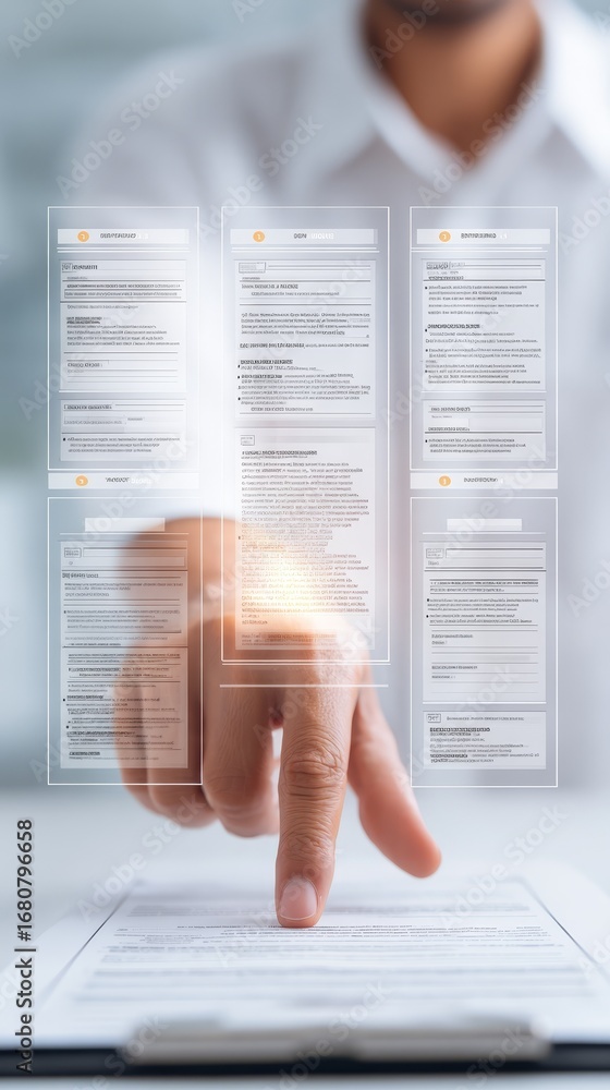 Poster digital document review, person holding tablet displaying business paperwork for efficient examinati