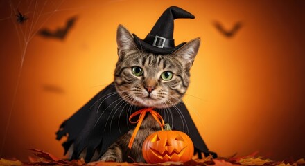 Adorable cat in witch hat with carved pumpkin celebrates halloween against orange background