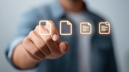 Man activating futuristic interface, a detailed closeup of humancomputer interaction with innovative button technology.