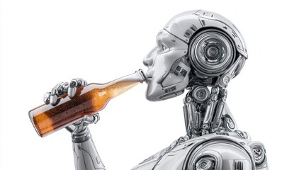 A futuristic robot enjoys a refreshing beer, showcasing the blend of technology and leisure. The image is set against a clean, white background.