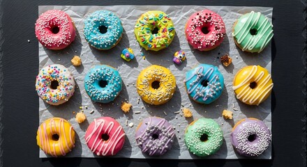 Assorted mini donuts with colorful glazes and sprinkles, parchment paper overhead flat lay, vibrant snack photography for playful social media content and trendy food branding