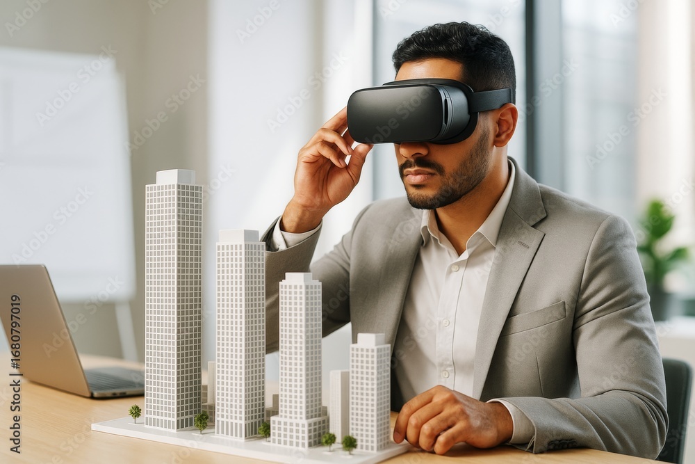 Poster businessman using vr headset to visualize modern skyscraper models at office desk with bright backgr