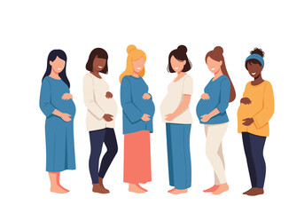 Obraz premium A Diverse Group of Pregnant Women Standing Together Displaying Their Beautifully Rounded Bellies and Smiling Radiantly
