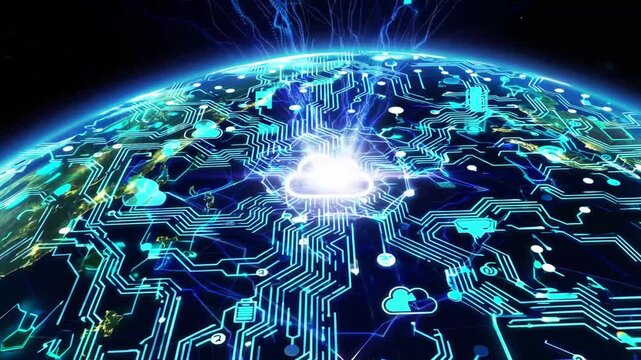 Network of interconnected smart devices and digital connectivity concept around cloud