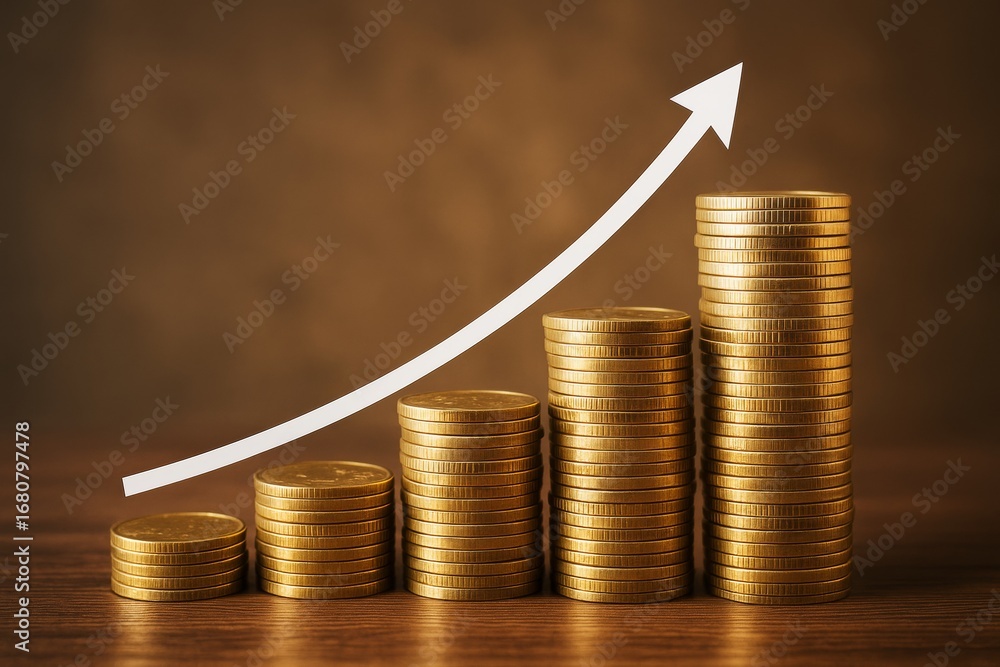 Poster stacks of gold coins increasing in height with rising arrow symbolizing financial growth and investm