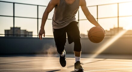 Naklejka premium Male basketball athlete sprinting with ball on outdoor urban court, cinematic street sports photography for dynamic lifestyle stock