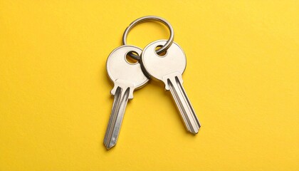 Two identical metallic keys on a single keyring placed against bright yellow background—evoking everyday utility, visual clarity, and the quiet symbolism of access and security.