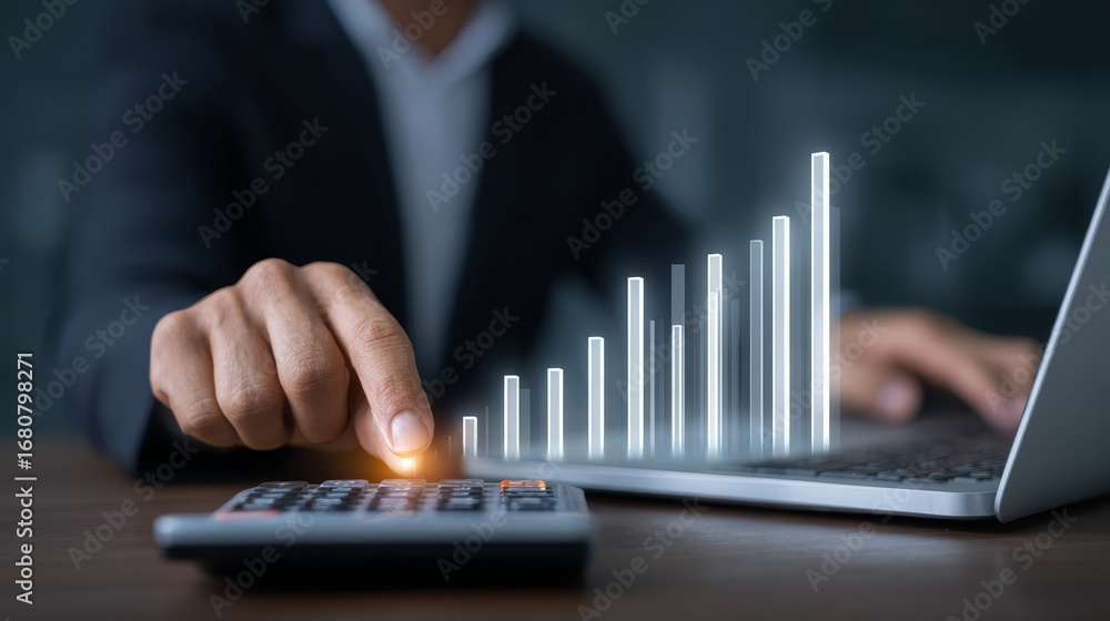Poster analyzing financial growth, calculating bar graph data for business insights and strategic planning.