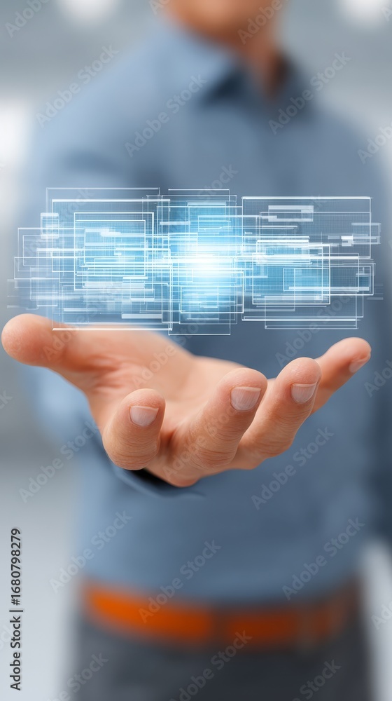 Aufkleber man interacts with futuristic virtual interface, exploring innovation in technological interaction d