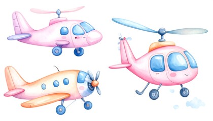 Cute cartoon airplanes and helicopters