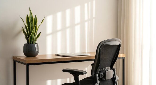 Modern home office corner with slim desk and potted plant, black ergonomic chair and closed laptop, bright minimalist interior photography for remote work and productivity themes