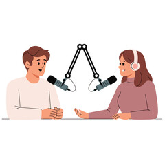 Podcast Interview Illustration &ndash; Cartoon Clipart of Two Hosts with Microphones and Headset Setup