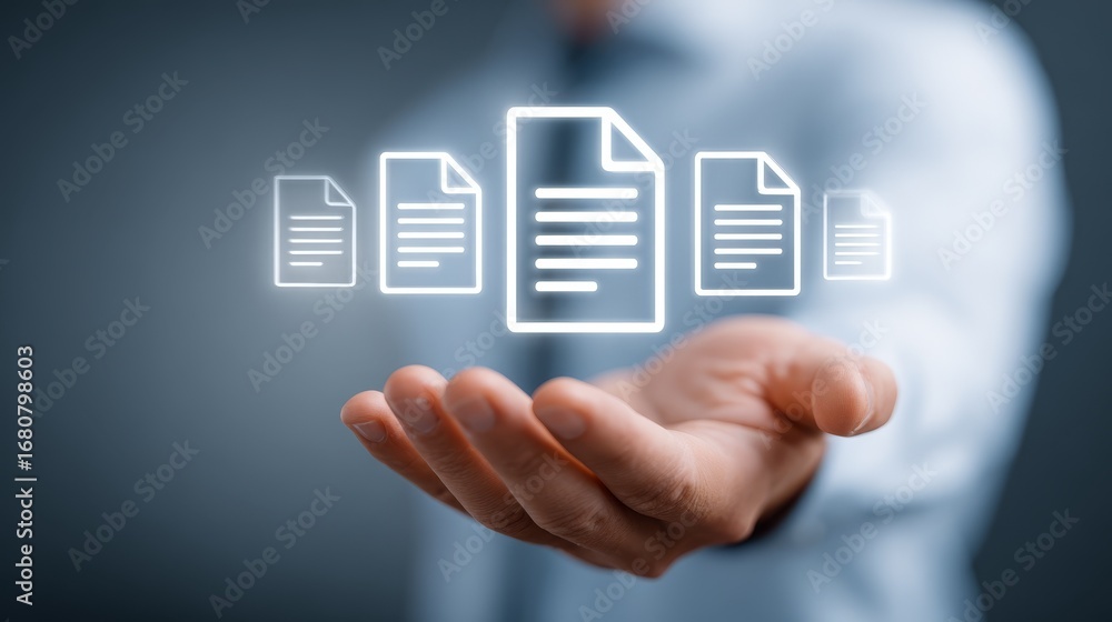 Poster man holding computer icon with server symbol, cloud computing, data storage, and network connectivit