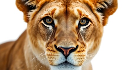 Obraz premium Close up portrait of a lioness against white space