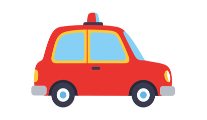 A charming cartoon illustration of a bright red emergency vehicle with blue windows and a flashing red light on top against a clean white background