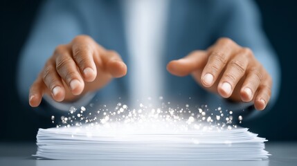 Illuminating knowledge, person holding stack of papers with light emitting, symbolizing ideas, learning, and inspiration.