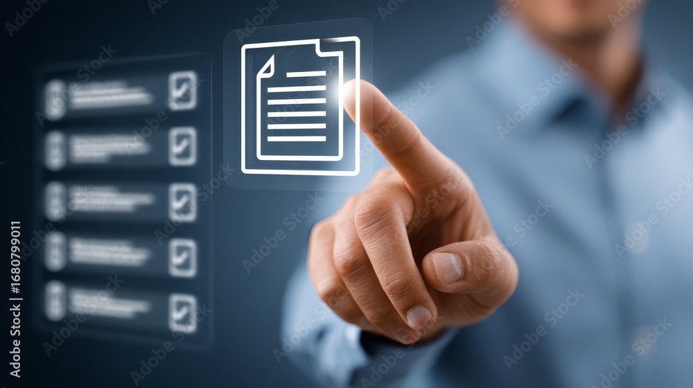 Poster businessman engaging with interactive touch screen display, analyzing data and navigating digital in