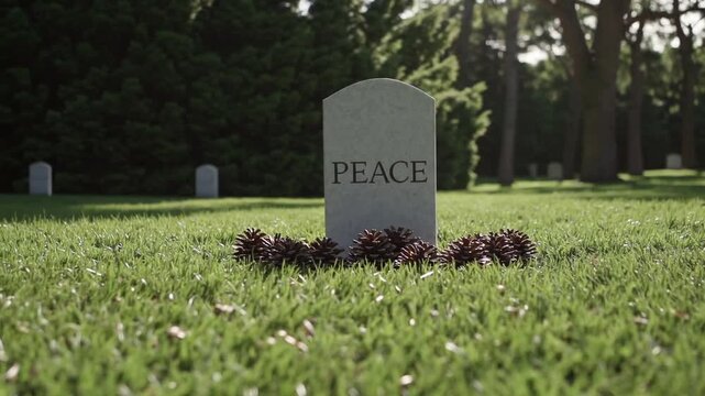 Final Resting Place Memorial Gravestone Exhibiting the Term Peace Surrounded by Pine Cones Configured into Heart Shape