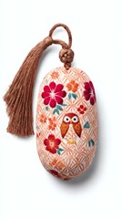 Traditional Japanese Fabric Charm with Floral and Owl Patterns – Cultural Symbolism, Artistic Textile Decor, Conceptual Backgrounds, and Modern Fine Art Photography