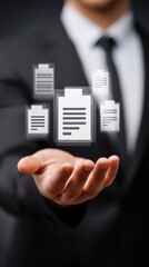 Businessman navigating paperwork, a portrait of professional managing documents in corporate setting.