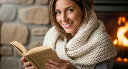 Cozy autumn reading by the fireplace: woman enjoying a good book in warm scarf
