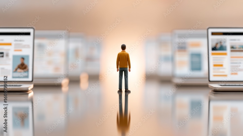 Poster tech savvy individual navigating multiple laptops, a visual representation of modern productivity an