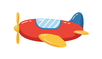 A whimsical cartoon illustration of a bright red propeller airplane with yellow wings and a blue tail perfect for children s themes and aviation concepts
