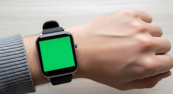Modern smartwatch with square green screen in stylish macro close-up, worn on man’s wrist above light wooden surface, sharp metallic detail with natural hand posture
