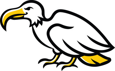 Cartoon vulture stands, displaying black outlines and yellow beak, isolated on white