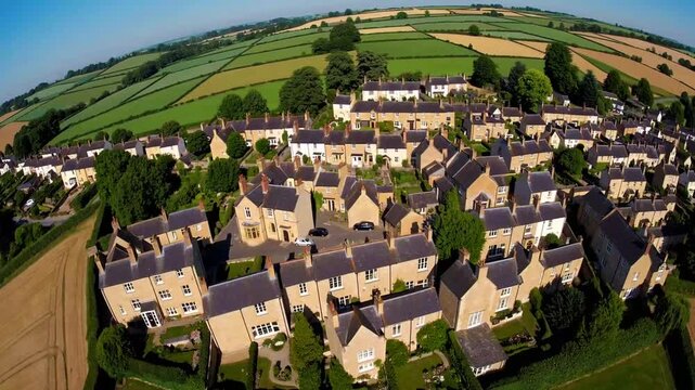 High-Altitude Perspective of Quaint Countryside Hamlet with Summer Fields