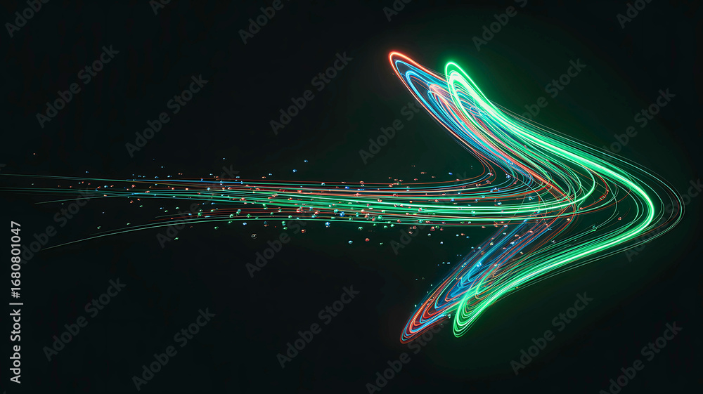 Poster vibrant abstract arrow created with glowing light trails and particles, symbolizing digital progress