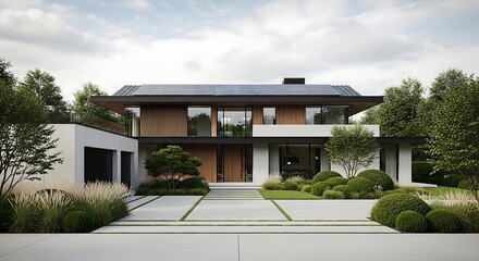 Fototapeta premium Luxury two-story home with dark rooftop solar panels and modern driveway, real estate photography for high-end eco-luxury branding