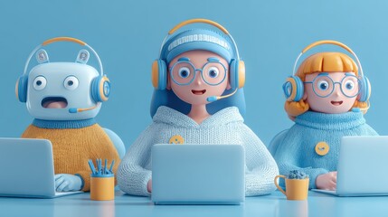 Three characters engaged in remote work, wearing headsets and using laptops. The setting is bright blue, creating a cheerful and modern atmosphere.