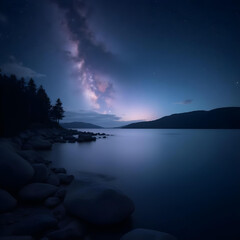Fototapeta premium Candid photography of the Milky Way stretching above a serene lake, with soft twilight glow reflecting off still water and silhouetted hills.