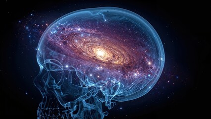Surreal human skull with galaxy brain, cosmic imagination concept, science and universe, space inside mind, futuristic neural visualization