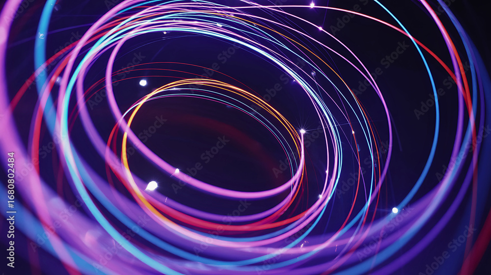 Poster abstract futuristic background with swirling lines of neon light representing data flow and digital 