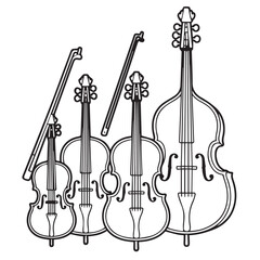 Violin Family Instruments Illustration &ndash; Black & White Clipart of Violin, Viola, Cello & Double Bass with Bows