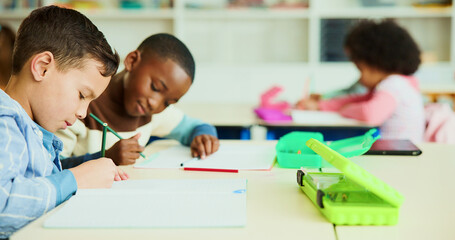 Obraz premium Learning, pencil and friends in classroom for creative, test and art assignment or study. Kids, students and coloring in lesson for children, education and project for development together at school