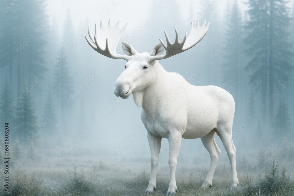 Poster majestic white moose standing in misty forest with soft light and tall pine trees in atmospheric bac
