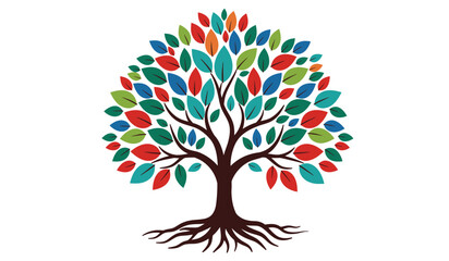 Vibrant abstract tree with colorful mosaic leaves and strong roots symbolizing growth nature and interconnectedness against a clean white background